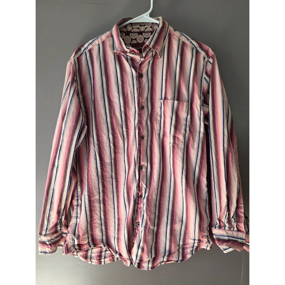 Tommy Bahama Mens Cotton Silk Striped Button Down Shirt Pink Burgundy Small